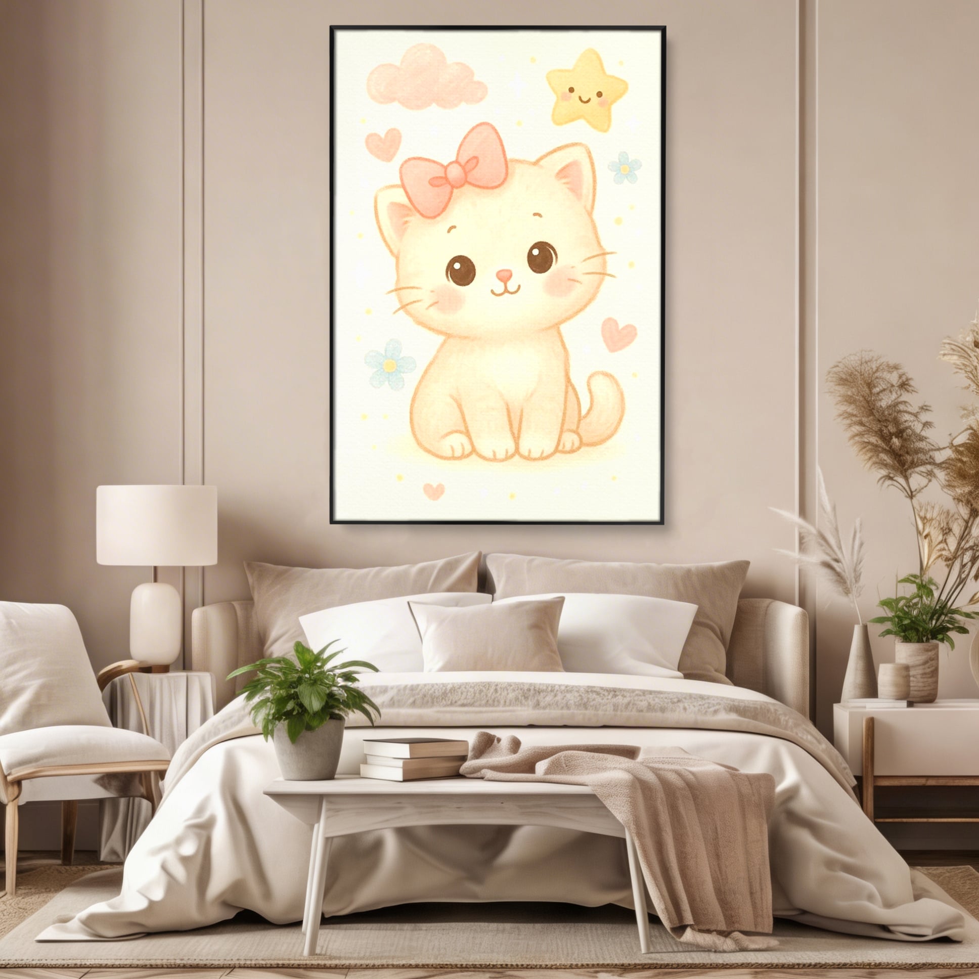 Tablou canvas cu ilustratie cu pisicuta roz si steluta, in rama de aluminiu negru, pe perete intr-un dormitor